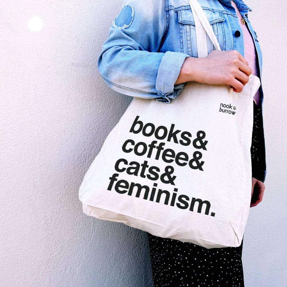 Books & Coffee & Cats & Feminism. | tote bag - Nook & Burrow