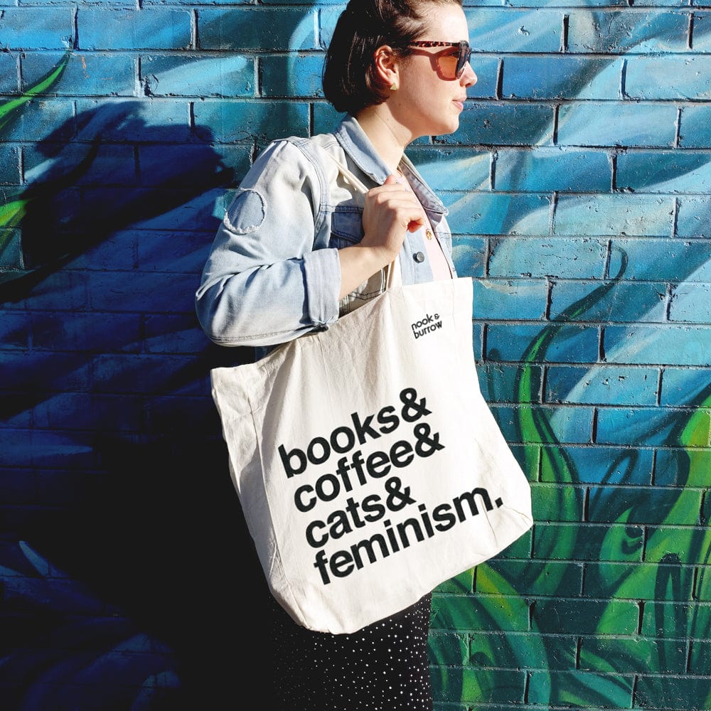 Books & Coffee & Cats & Feminism. | tote bag - Nook & Burrow