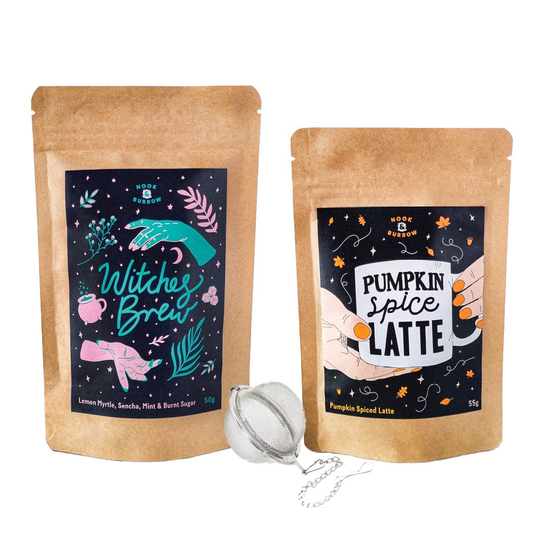 Nook & Burrow Tea Witches Brew - Lemon Myrtle & Sencha & Mint & Burnt Sugar / Pumpkin Spice Latte - PSL Powder Tea Party | bundle