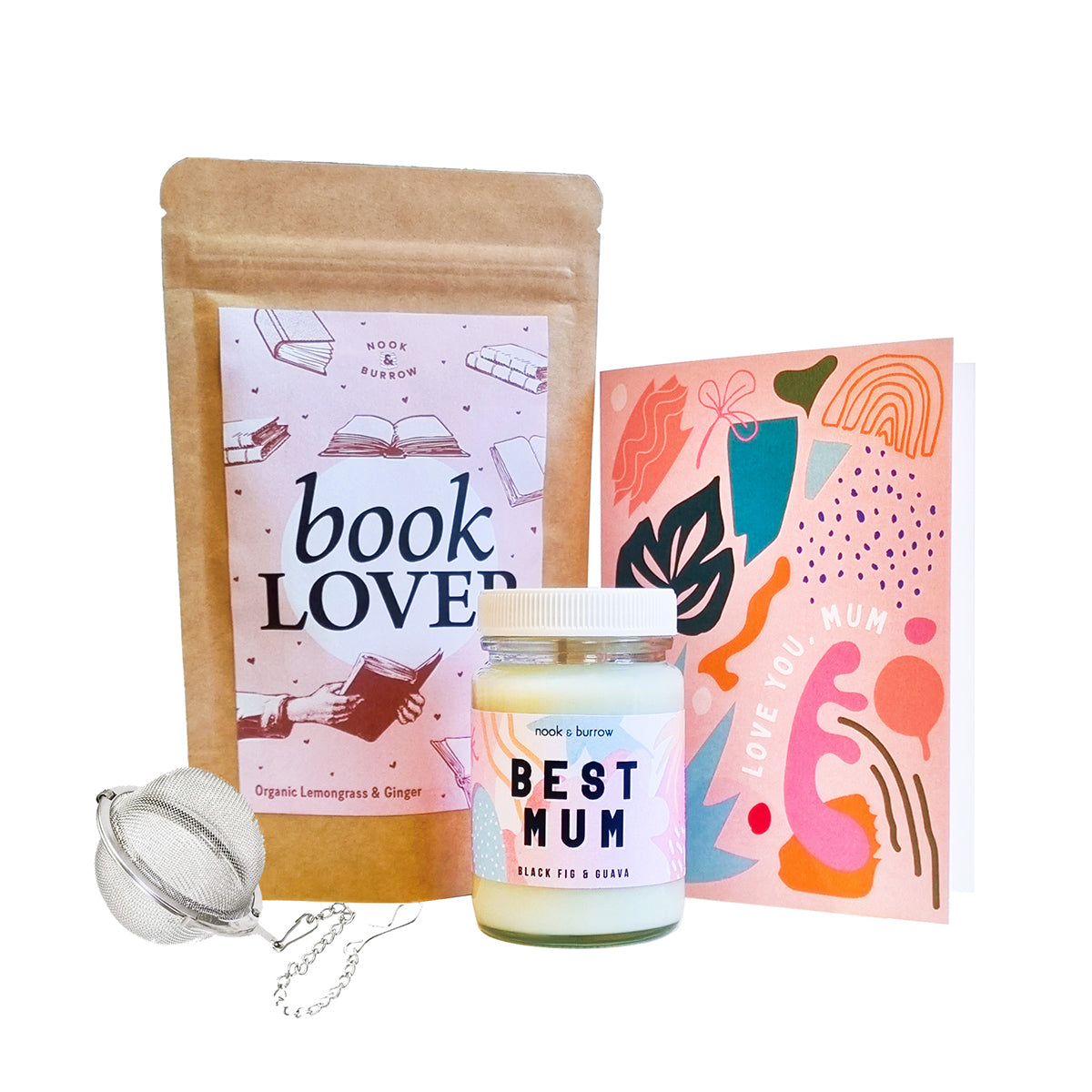 Best Mum Gift Box with a pack of loose leaf tea, tea strainer, best mum candle and designed greeting card that says 'Love you, Mum'