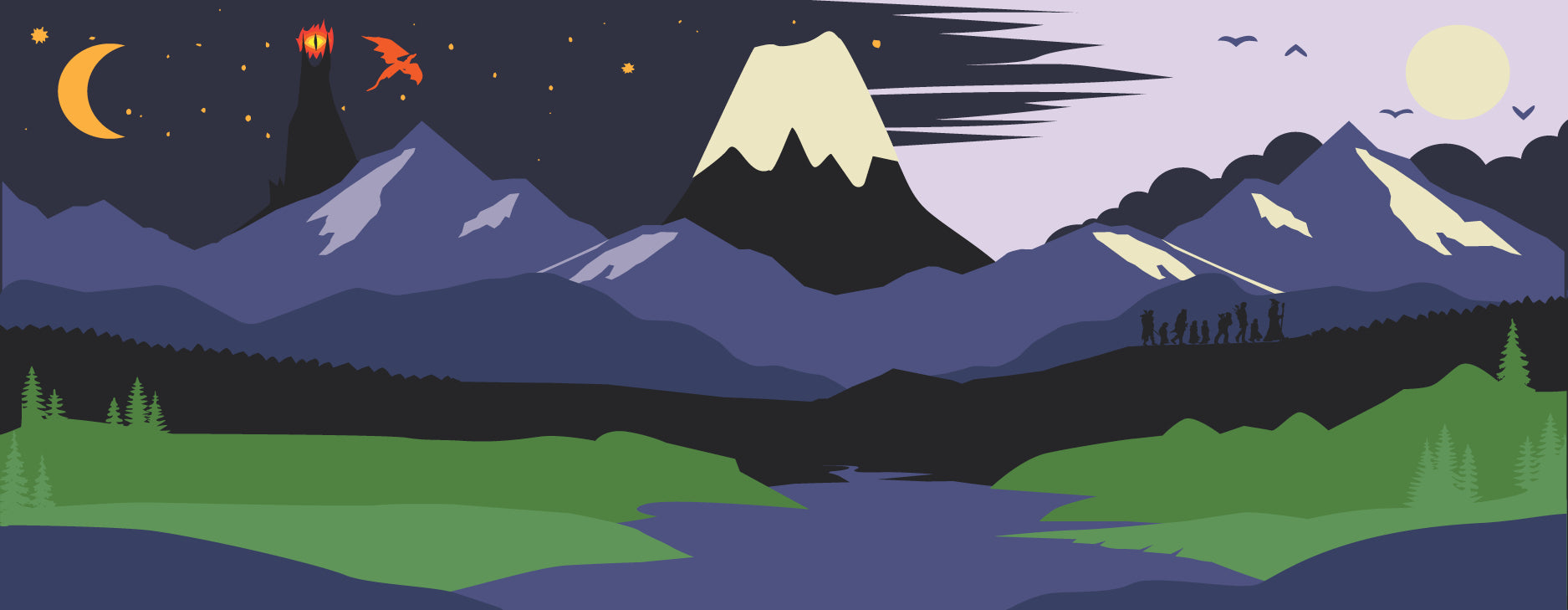 illustration in purple, dark navy and green hues of a river leading up to a tall snow capped mountain. On the left is the eye of Sauron with a dragon flying around it. on the right the fellowship walk up a mountain with birds and sun in the sky