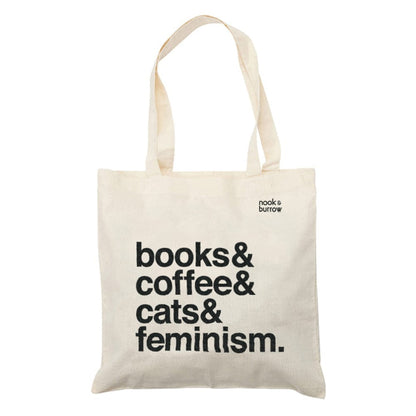 Books & Coffee & Cats & Feminism. | tote bag - Nook & Burrow