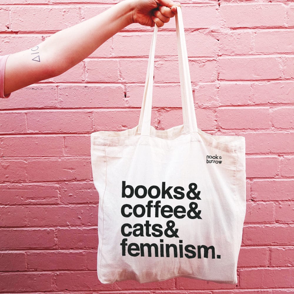 Books & Coffee & Cats & Feminism. | tote bag - Nook & Burrow